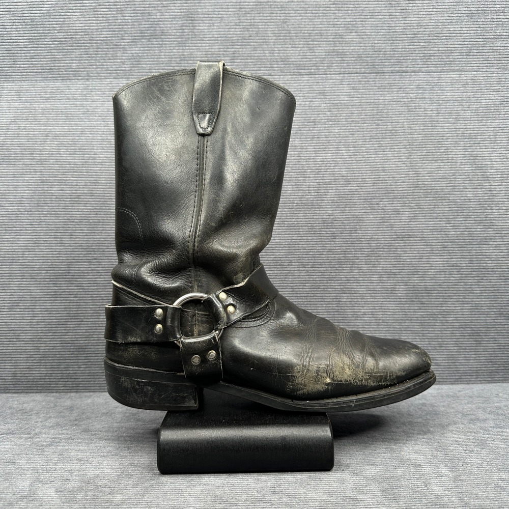 Vintage Black Leather Harness Biker Boots Square Toe Vibram Sole Size 10-11